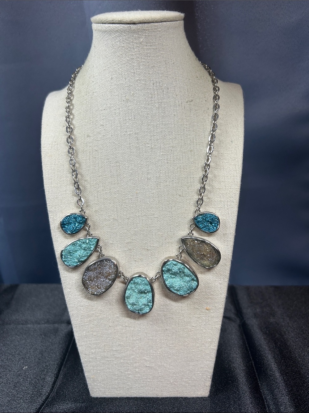Turquoise Blue & Gray Druzy Stone Bib Silver Tone Necklace